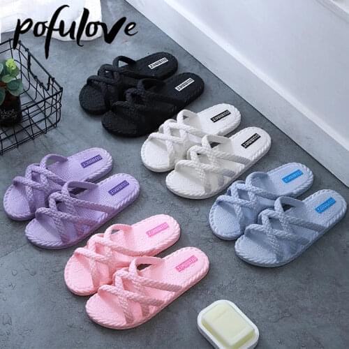 Pofulove Women Slippers Fashion Indoor House Bathroom Sliders Solid Flat Non Slip Summer Shoes Plus Size Zapatos De Mujer Design