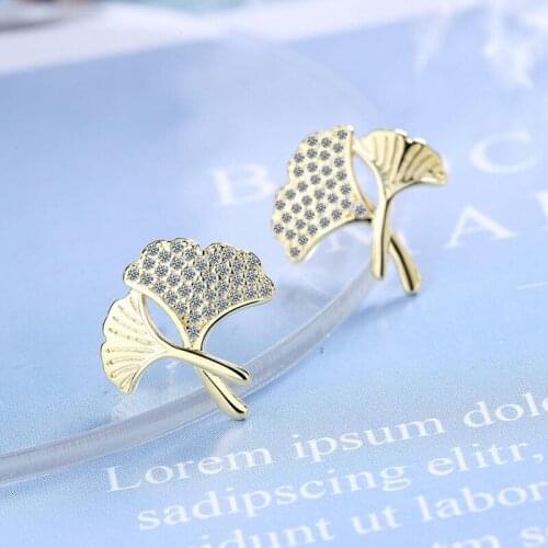 KOFSAC Elegant Women Stud Earrings 925 Sterling Silver Jewelry Simple Zircon Ginkgo Biloba Leaves Gold Earring Lady Accessories