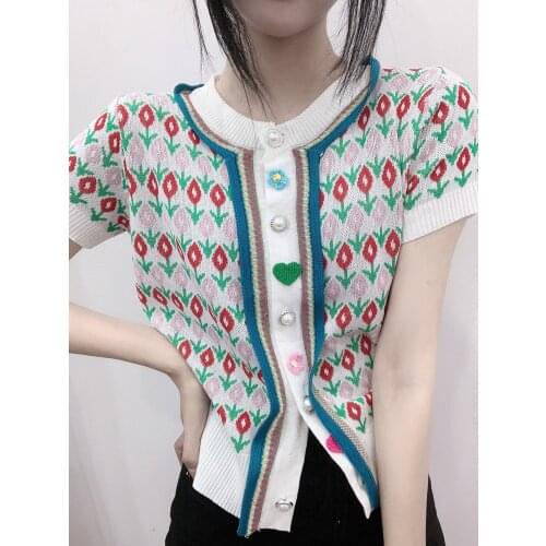 Summer Print Floral Knitted Women Cardigan Tops Sweater Fashion O Neck Short Sleeve Pearl Buttons Elegant Tops For Girls 2021