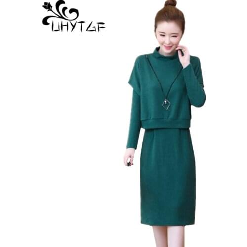 UHYTGF Autumn winter two-piece dress women fashion O neck pullover knitted dress suit Female loose plus size skirt set women 789