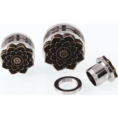 2Pcs Lotus Antique Bronze Flower Ear Plugs and Tunnel Stainless Steel Piercing Ear Expander Stretcher Flesh Tunnel Body Jewelry