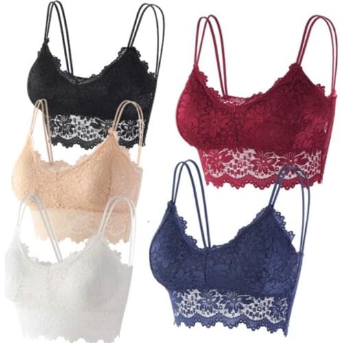 2021 Women Sunflower Lace Bralette with Removable Pads Wireless V-Neck Strappy Bandeau Bra Underwear Solid Color Camisole