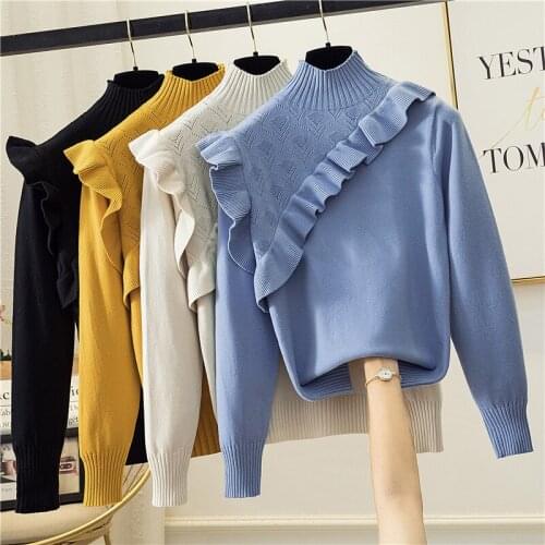2021 autumn winter pullover loose languid lazy web celebrity sweater turtleneck small fresh sweet long sleeve blouse white short