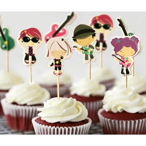 24pcs Rock Band Guitar Musicer Cupcake Toppers With Bamboo Kids Birthday Party Supplies Cartoon Ice Cream Decoration Cake Topper