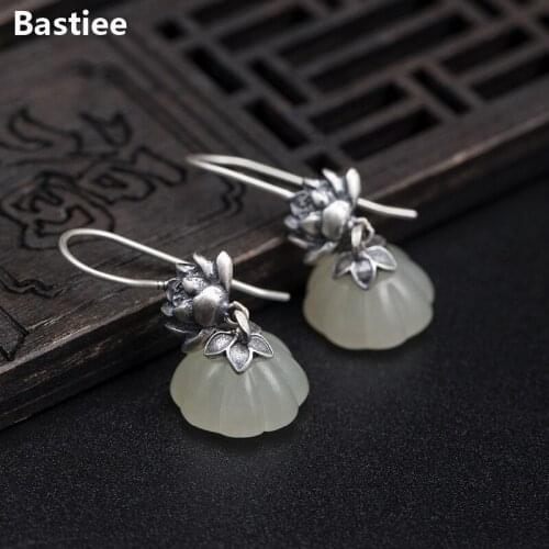 Bastiee Vintage Silver 925 Jewelry Jade Drop Earrings For Women Lotus Flower Seedpod Earing Jewelery Hanfu Accessories