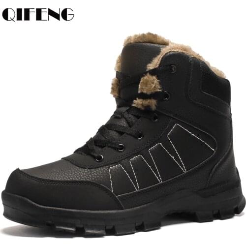 Large Size Winter Ankle Boots Men Snow Warm Fur Leather Hiking Boots Cowboy Sport Trekking High-top Shoes Black Outdoor Boots 48