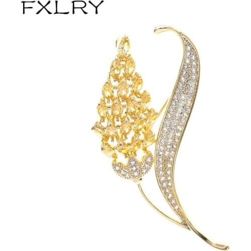 FXLRY Personality Gold Color AAA Zircon Wheat Ear Bling Bridal Dress Brooch Pin For Women Jewelry Accessory