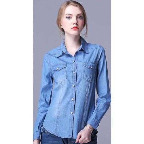 BYUAN Women Blouse and Shirts Blue Cotton Denim Tops 2018 Autumn Long Sleeve Blouse Turn Down Collar Ladies Blouses plus size