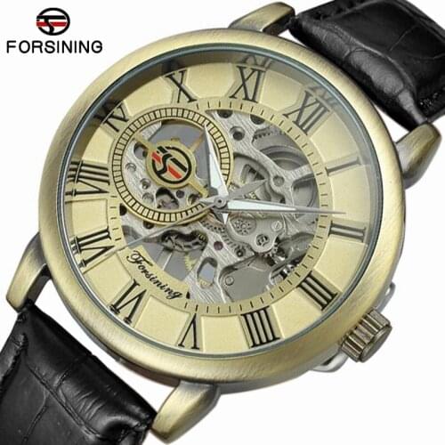 Forsining Men Watches Top Brand Luxury Mechanical Skeleton Watch Black Golden 3D Literal Design Retro Roman Number Black Dial