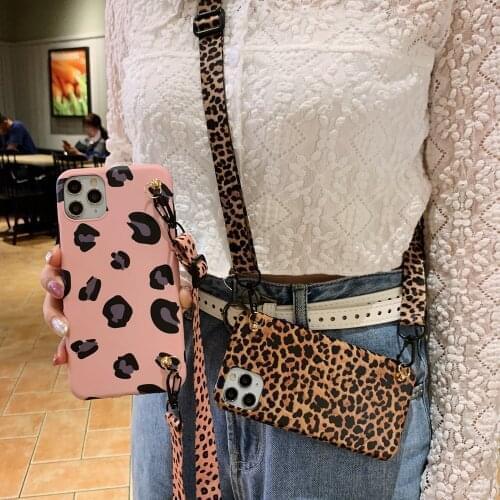 Colorful leopard print case for iphone 12 mini 11 pro max Xs max XR X 8 7 6s plus long strap crossbody soft TPU phone case cover