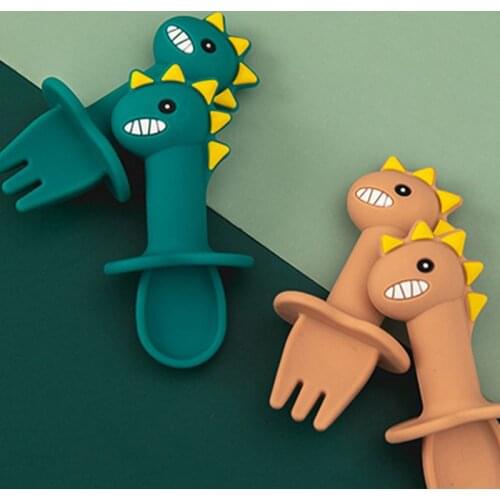 Baby Tableware Cartoon Dinosaur Spoon Fork Set Short Handle Simple Spoon Soft Silicone Tableware Teether Toy Feeding Fork Spoon