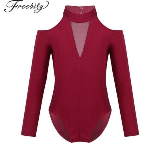 Children Girls Off-shoulder Long Sleeves Mock Neck Cutout Back Ballet Gymnastics Leotard Dancing Performance Dance Bodysuit