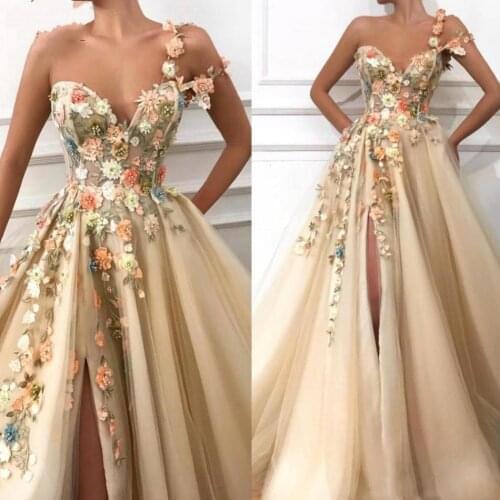 High Fashion Evening Gowns abendkleider Formal Dress Prom Party Gowns Floral One Shoulder Long Evening Dresses Appliques abiye