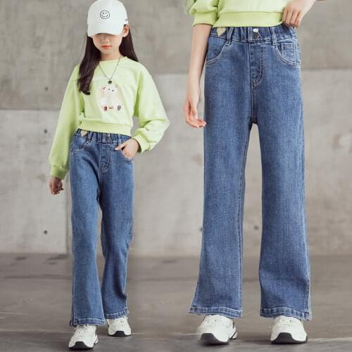 Spring Autumn Girls Denim Pants Baby Trousers Kids Bottoms Clothes Childrens Jeans Fashion Streetwear Wide Leg Pants 4-14Years