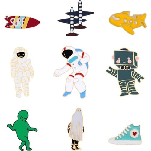 Mini Enamel Pins Brooches Lapel Pin Surf Aircraft astronaut Shoes Badge Jewelry Gift Denim Jackets Concealed Button for kids