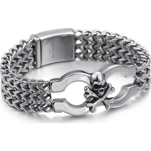 GNAYY 8.66'' 17mm 104g Heavy Stainless Steel Gothic Biker Skull Cross Figaro Chain Bracelet Bangle for Mens
