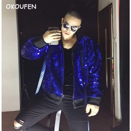 Personality Fashion Blue Mirror Loose Jacket Costumes Nightclub Male singer DJ baseball uniform Stage Show dance clothing