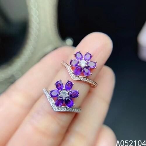 KJJEAXCMY fine jewelry 925 sterling silver inlaid Amethyst Womens vintage classic flower gem adjustable ring support detection