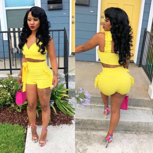 Summer Sexy Womens Sleeveless V Neck Tops High Waist Bowknot Playsuit Jumpsuit Ruffled Short Pants 2pcs
