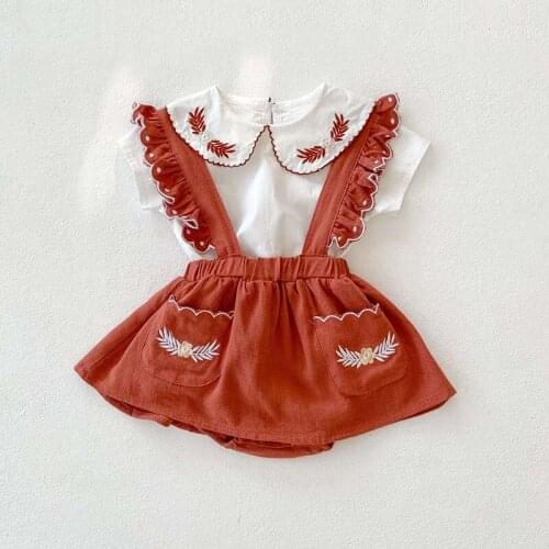 Summer New Toddler Clothes Set Girl Fashion Cotton Embroidered T-shirt + suspender Culottes 2Pcs Baby Girl Clothes