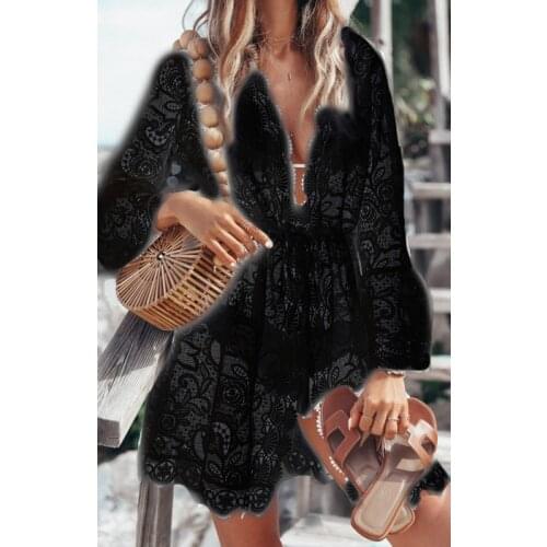 Summer Women Bikini Cover Up Floral Lace Hollow Crochet Swimsuit Cover-Ups Bathing Suit Beachwear Tunic Beach Sundress