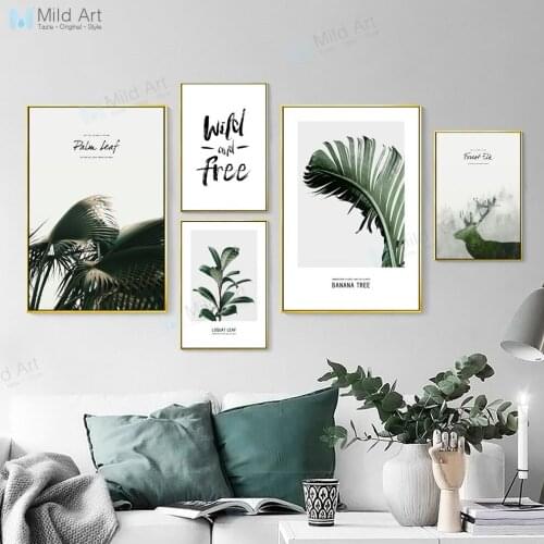 Minimalist Green Leaves Deer Mountain Silhouette Posters Prints Nordic Living Room Wall Art Pictures Home Decor Canvas Paintings