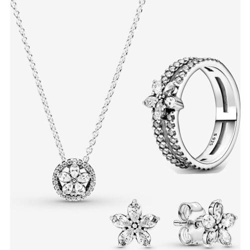 NEW 925 Silver Sparkling Snowflake Double Necklace Ring Earrings Jewelry Set Fashion Crystal Wedding Party Jewelry For Women