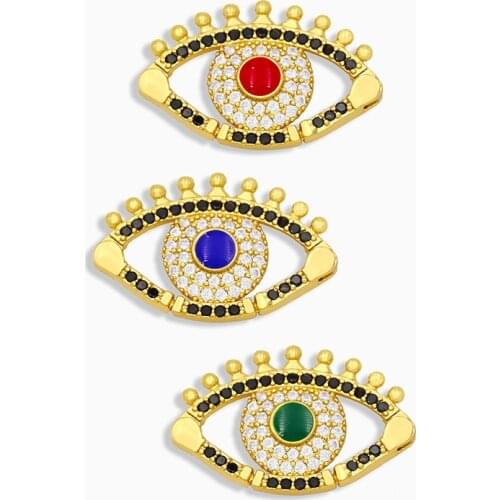 OCESRIO CZ Brass Red Blue Evil Eye Charms for Jewelry Making Gold Plated Connector Charms for Necklace Bracelet pdta289
