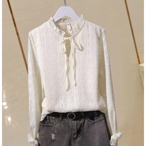 Solid Chiffon Women Blouse Summer New 2021 Ruffles Neck Long-Sleeved Straight Elegant Office Lady Outwear Pulls Tops