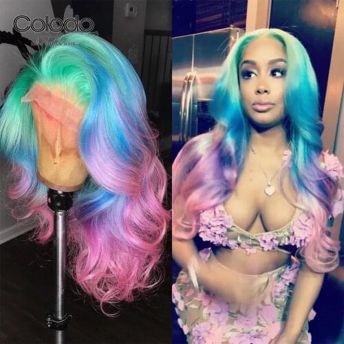 COLODO Green Blue Pink Human Hair Wig Brazilian Remy Blue Wavy Lace Front Wig Pre Plucked Transparent Lace Wigs for Black Women