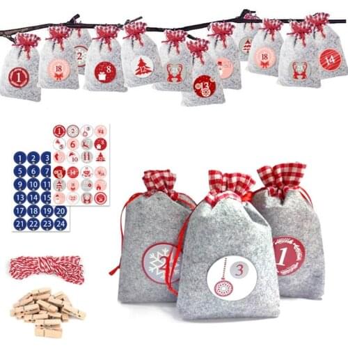 68UE Christmas Advent Calendar 24 Days Candy Gift Drawstring Bags Sacks DIY Xmas Countdown Decorations for Wall Home Office