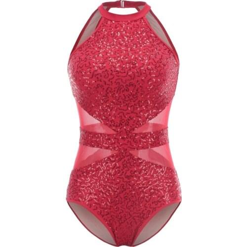 Sequins Mesh Splice Body Suit for Dance Ballet Gymnastics girls dancing clothes Practice Dance Clothes Red Sliver Black