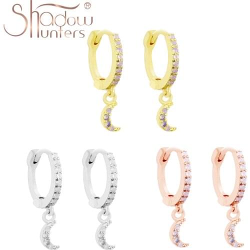 SHADOWHUNTERS Real 100% 925 Sterling Silver Opal Huggie Hoop Earrings with Moon Charms Tiny Hoops Piercing Women Classic Jewelry