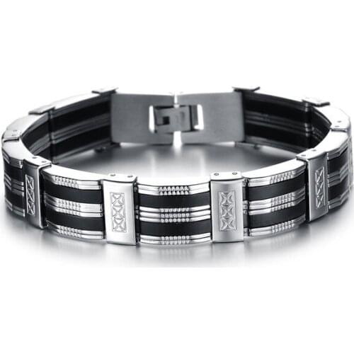 Jewelry Accessories Men Bracelet Male Brazalet 9.25 Inch Quality Stainless Steel & Black Silicone Mens Bracelets Wristbands 2018