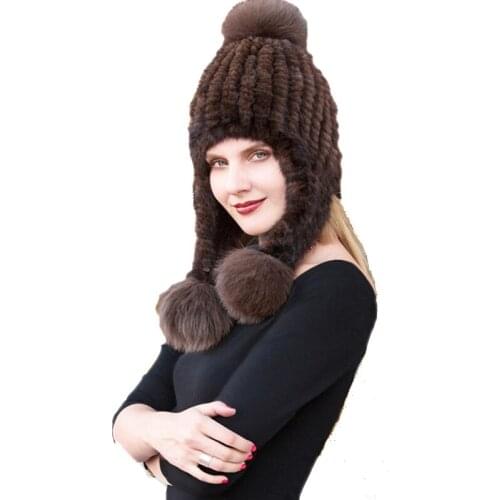 Fur Bomber Hat Womens 100% Import Mink Fur Cap Long Fox Pompom Winter Warm Earmuffs Hat Black Brown