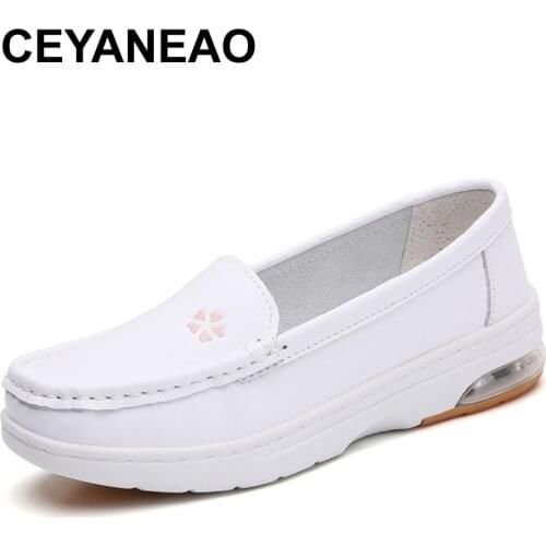CEYANEAO Hospital nurse womens shoes air cushion new comfortable soft bottom white shoes white slope heel increase leather work