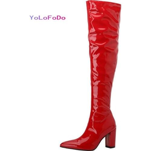 Black Red White Women Over the Knee Boots Patent PU Leather Square High Heel Pointed Toe Ladies Thigh Boots Side Zipper Boots