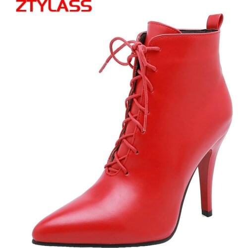 2021 Sexy Stiletto Womens Boots Lacing Ankle Boots Autumn Winter Pointed Toe High Heel Woman Boots Shoes Big Size 34-46