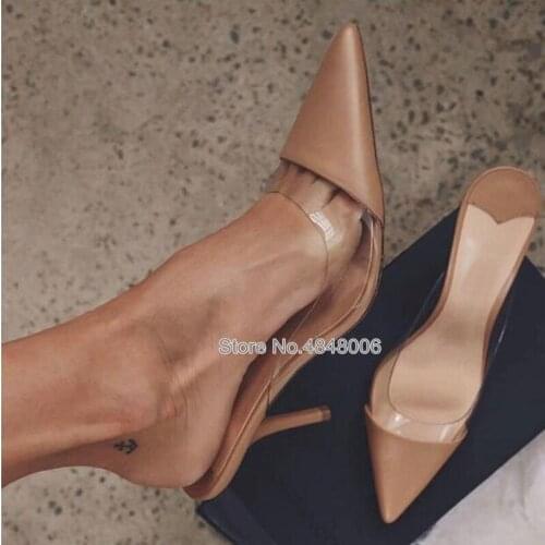 2019 Women Nude Color PVC High Heels Slipper Pointed Toe Stiletto Outside Beachwear Pumps Lady Summer Spring Slides Shoes