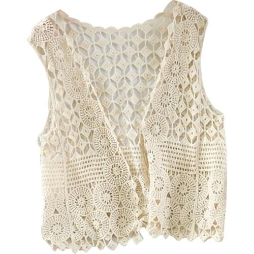 Women Hollow Out Crochet Crop Top Vest V-Neck Open Front Floral Lace Sleeveless Jacket Cardigan Casual Loose Boho Hippie 066C