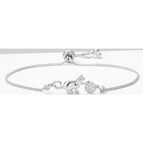 Women Bracelet High Quality Silver Color Chain Drawstring Design Anti Rust Cat Rhinestone Adjustable Bangle Jewelry for Gift