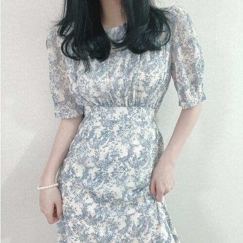 Sweet Puff Sleeve O Neck Floral Printing Dress Women Elegant Slim Waist A Line Korean Chic Vestidos Slim Summer 2021 New Robe