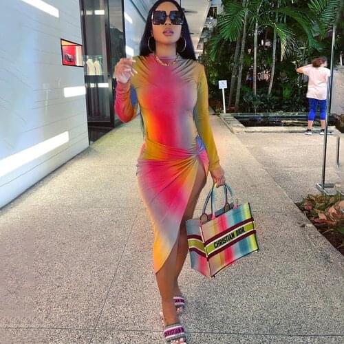 Multi Tie Dye Print Sexy Dress Women Clothing Fashion 2020 Club Wear Side Split Draped Bodycon Midi Dresses for Women Vestidos