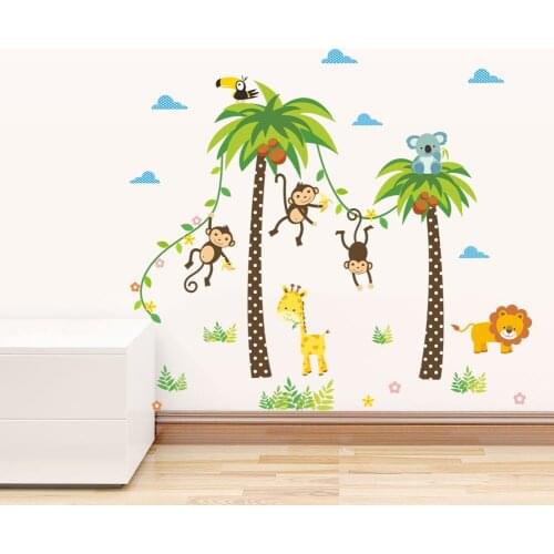 Giraffe Lion Monkey Palm Tree Forest Animals Wall Stickers For Kids Room Children Bedroom Wall Decals Nursery Decor Poster Mural