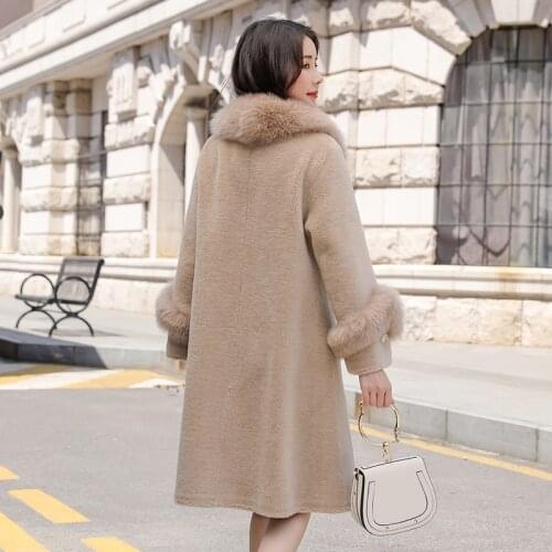 Sheep Shearling Fur Winter Coat Women Real Fox Fur Collar Wool Coat Female Lamb Fur Korean Jacket Manteau Femme MY4395