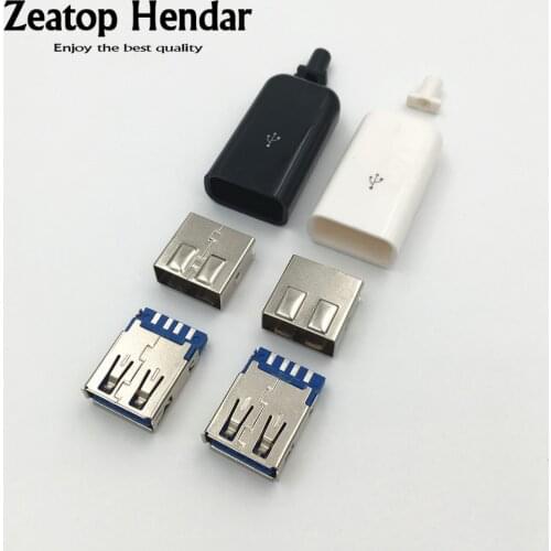 2Sets DIY USB 3.0 A Female 4Pin Plug Welding Type Socket 4 in 1 Connector Soldering Adaptor White Black