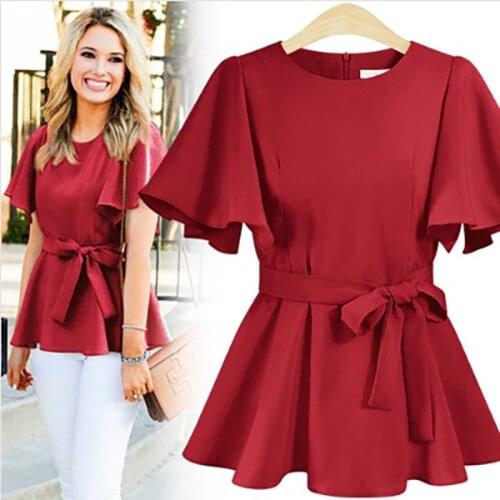 2021 Summer Plus Size Womens Dress New Product Belted Red Short Sleeve Chiffon Dress