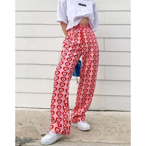 2021 Summer Fashion Women Lover Heart Print Loose Bandage Pants High Waist Casual Thin Trousers
