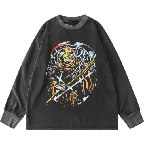 2021 Dark Streetwear Skeleton Print Punk Wash Men Hip Hop Pullover Sweatshirts Long Sleeve Retro Top Tshirts Polerones De Hombre