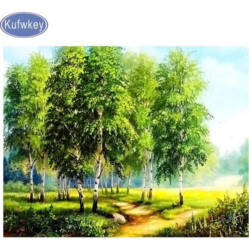 5d Diamond Embroidery Scenery "Birch Trees" Full Square round Diamond Painting Landscape Nature Forest Road Mosaic Cross Stitch